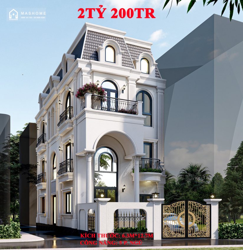 Nhà phố tân cổ điển 3.5 tầng hai mặt tiền- 6.3mx12.7m - 5 phòng ngủ - giá thi công hoàn thiện 2 tỷ 200tr. Tiến độ thi công 6 tháng.