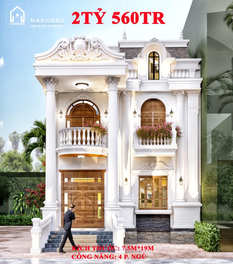 Nhà phố tân cổ điển 2.5 tầng - 7.5mx19m - 4 phòng ngủ - giá thi công hoàn thiện 2 tỷ 560tr. Tiến độ thi công 6 tháng.