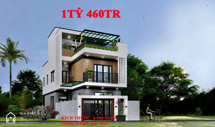 Nhà phố Hiện đại 3 tầng - 6.5mx12.6m - 4 phòng ngủ - giá thi công hoàn thiện 1 tỷ 460tr. Tiến độ thi công 5 tháng.