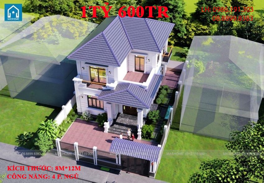 Biệt thự mái Nhật 2 tầng - 8mx12m - 4 phòng ngủ - giá thi công hoàn thiện 1 tỷ 600tr. Tiến độ thi công 4.5 tháng.