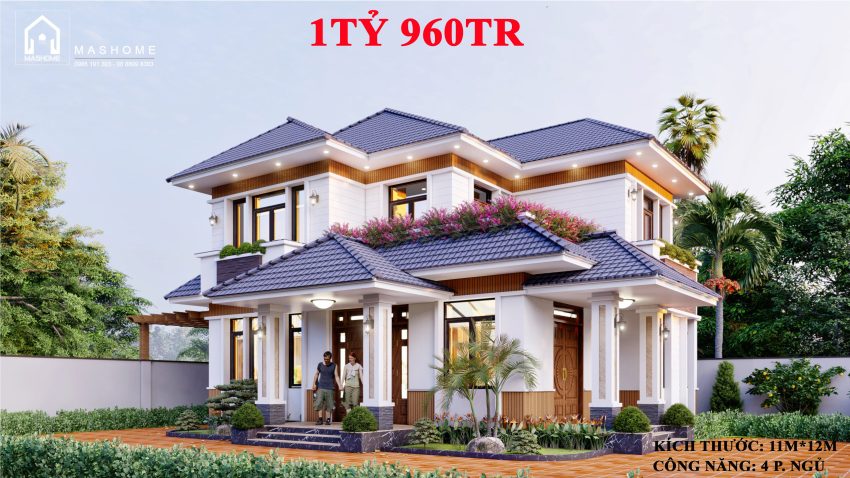 Biệt thự mái Nhật 2 tầng - 11mx12m - 4 phòng ngủ - giá thi công hoàn thiện 1 tỷ 960tr. Tiến độ thi công 5 tháng, thiết kế thi công trọn gói