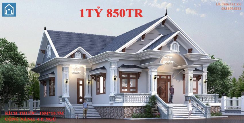 Biệt thự mái thái 1 tầng - 15mx15.7m - 4 phòng ngủ - giá thi công hoàn thiện 1 tỷ 850tr. Tiến độ thi công 5 tháng.