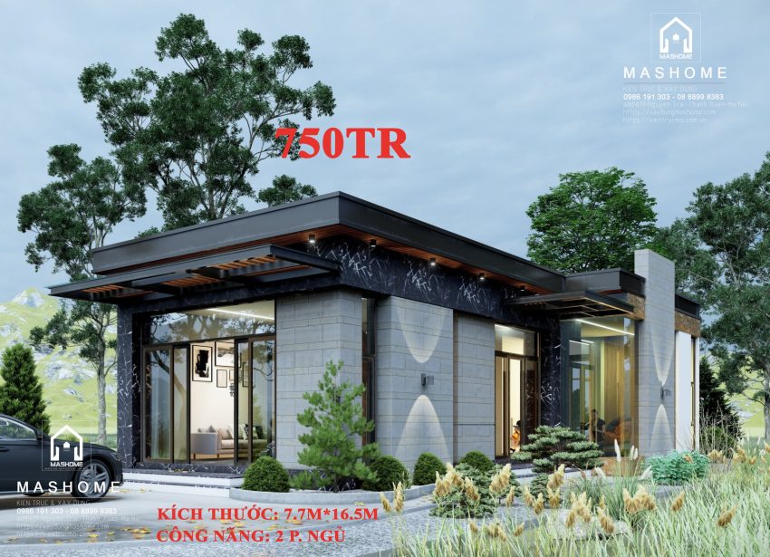 Biệt thự hiện đại 1 tầng - 7.7mx16.5m - 2 phòng ngủ - giá thi công hoàn thiện 750tr. Tiến độ thi công 3.5 tháng, thiết kế thi công trọn gói