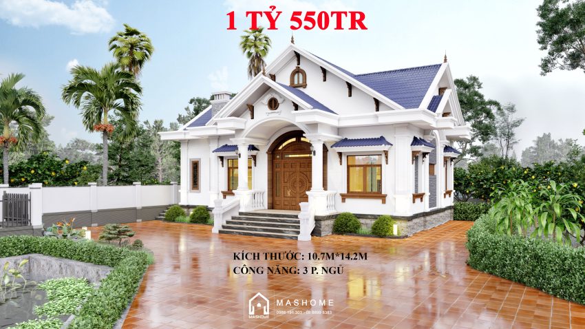 Biệt thự mái thái 1 tầng - 10.7mx14.2m - 3 phòng ngủ - giá thi công hoàn thiện 1 tỷ 550tr. Tiến độ thi công 4 tháng.