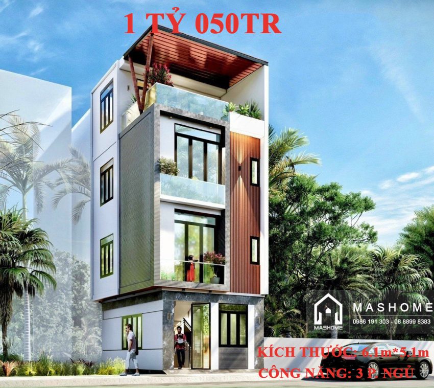 Nhà phố hiện đại 3.5 tầng - 6.1mx5.1m - 3 phòng ngủ - giá thi công hoàn thiện 1 tỷ 050tr. Tiến độ thi công 4 tháng.