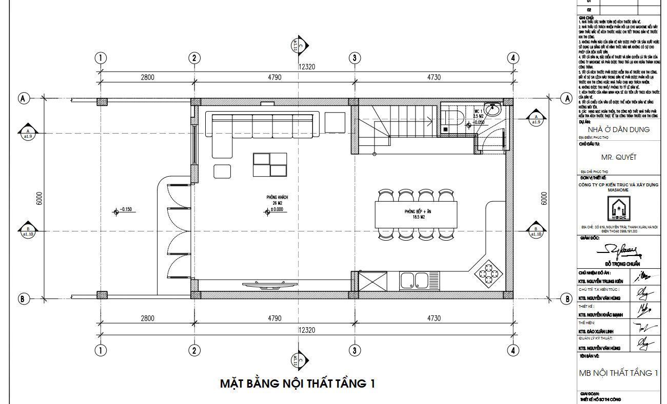 Mặt bằng nội thất tầng 1 anh Quyết - Phúc Thọ | MasHome