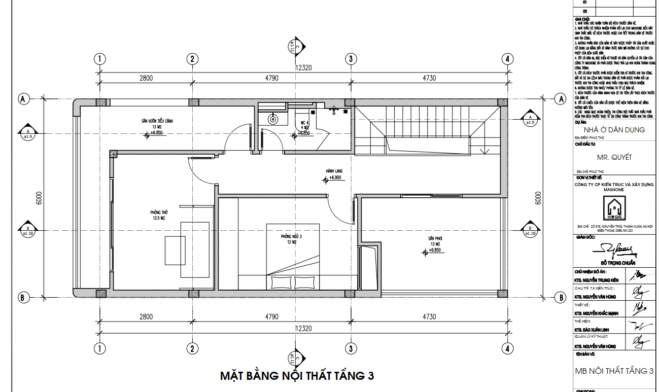 Mặt bằng nội thất tầng 3 anh Quyết - Phúc Thọ | MasHome