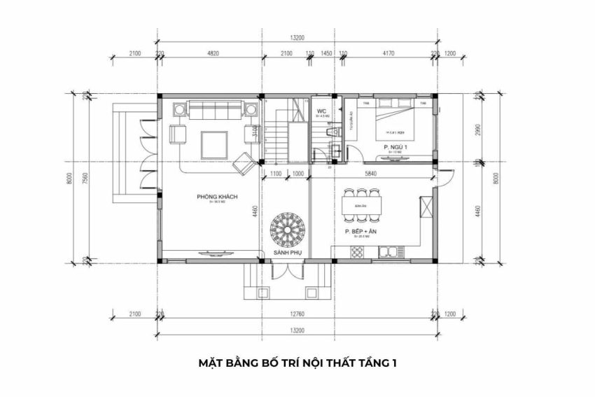 Mặt bằng bố trí nội thất tầng 1 biệt thự mái nhật 2 tầng Bắc Giang