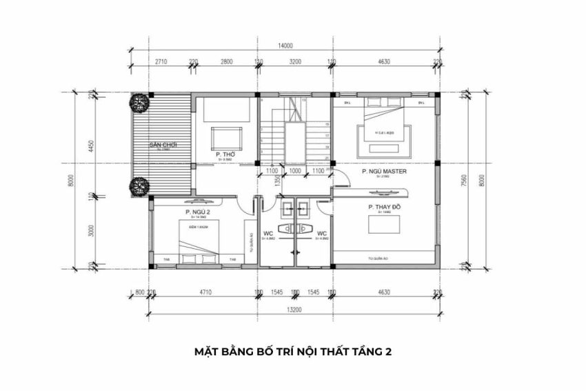 Mặt bằng bố trí nội thất tầng 2 biệt thự mái nhật 2 tầng Bắc Giang