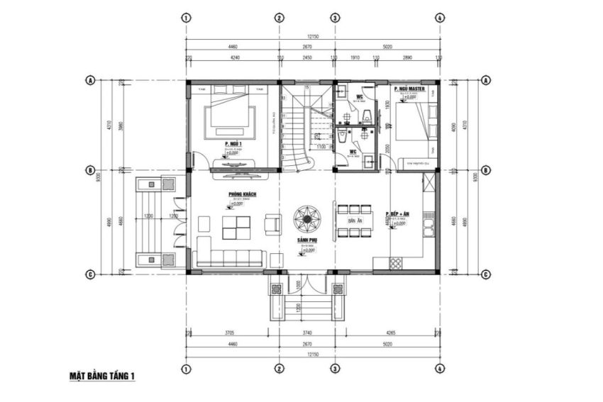 mặt bằng bố trí nội thất tầng 1 biệt thự mái nhật 