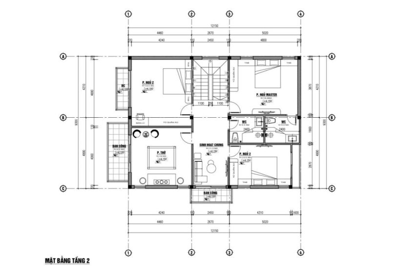 mặt bằng bố trí nội thất tầng 2 biệt thự mái nhật 