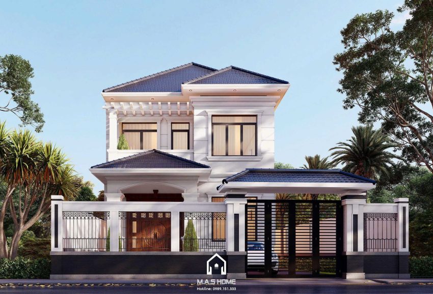 Phối cảnh 3D mặt tiền biệt thự mái nhật 2 tầng anh Thêm Hà Nội