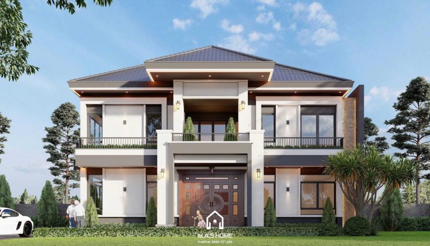 Phối cảnh 3D mặt tiền biệt thự mái nhật 2 tầng anh Hùng Hà Nội