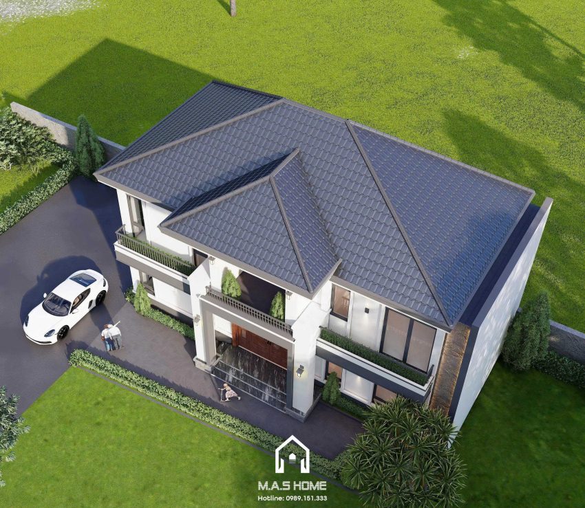 Phối cảnh 3D mặt tiền biệt thự mái nhật 2 tầng anh Hùng Hà Nội