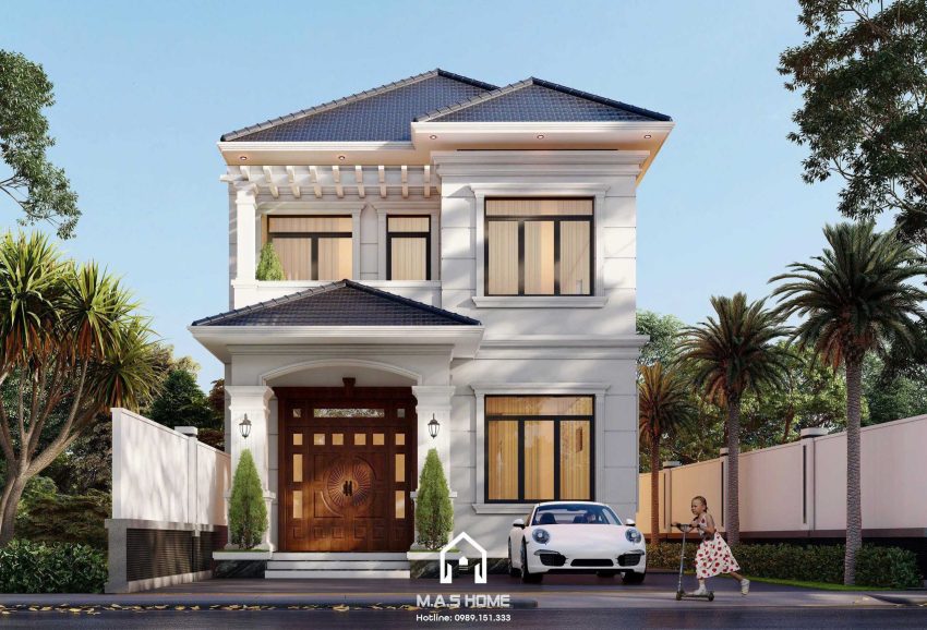 Phối cảnh 3D mặt tiền biệt thự mái nhật 2 tầng anh Thêm Hà Nội