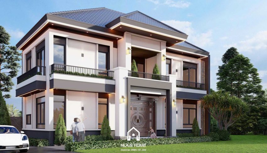 Phối cảnh 3D mặt tiền biệt thự mái nhật 2 tầng anh Hùng Hà Nội