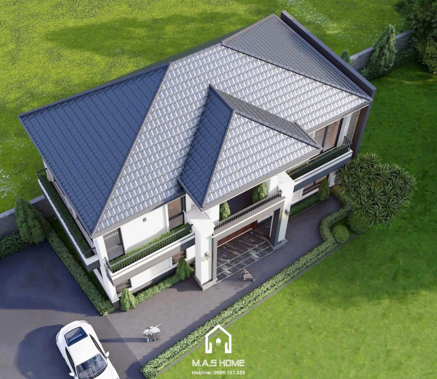 Phối cảnh 3D mặt tiền biệt thự mái nhật 2 tầng anh Hùng Hà Nội