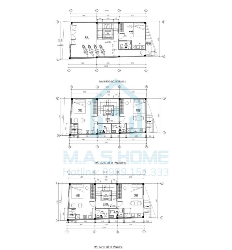 Mặt bằng bố trí nội thất nhà phố 4 tầng 1 lửng 1 tum anh Tuấn Hà Nội