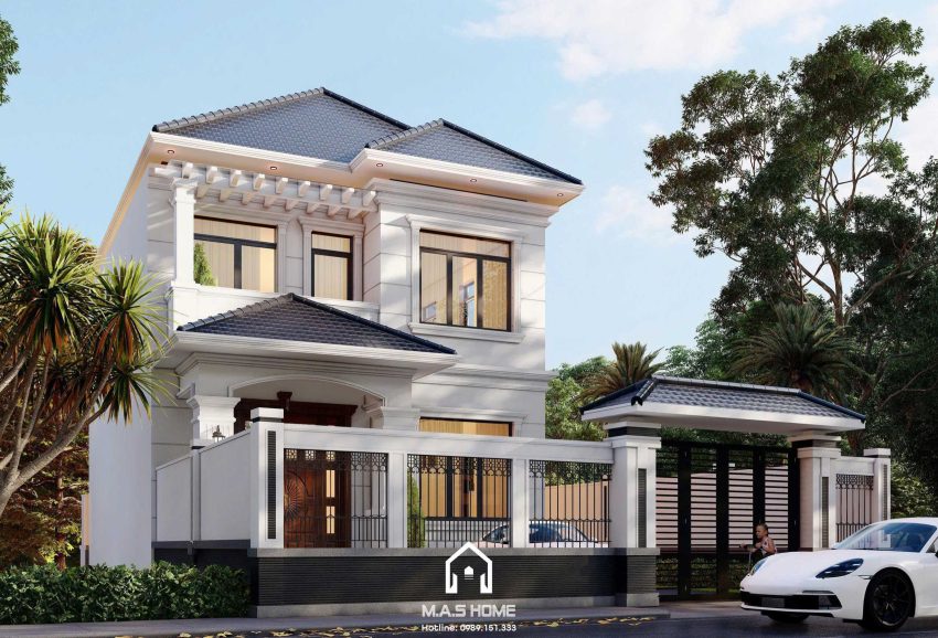 Phối cảnh 3D mặt tiền biệt thự mái nhật 2 tầng anh Thêm Hà Nội