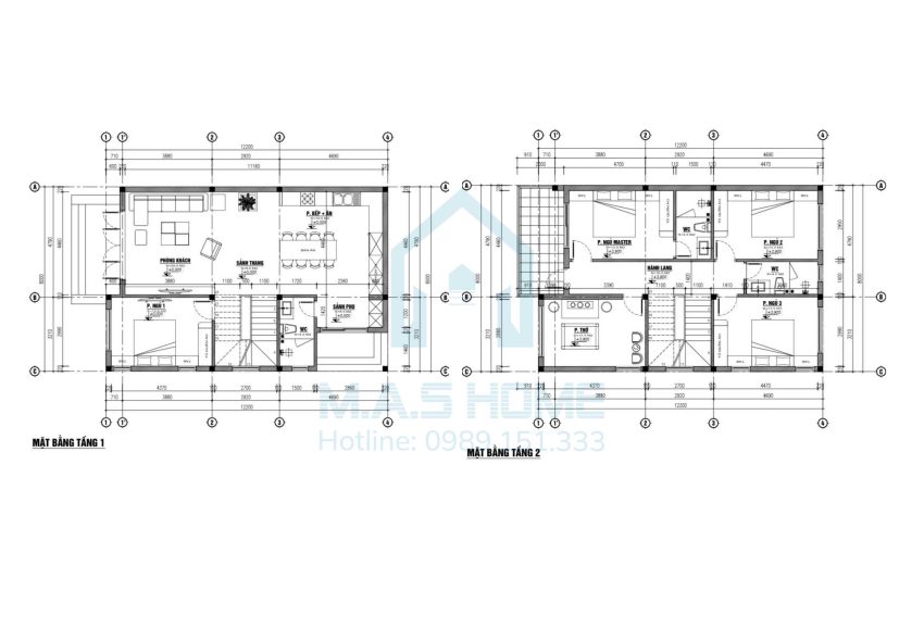 Thiết kế mặt bằng bố trí nội thất biệt thự mái nhật 2 tầng anh Thêm Hà Nội
