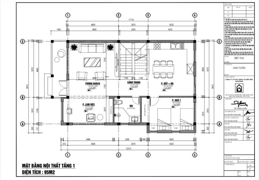 Mặt bằng tầng 1 biệt thự mái thái 